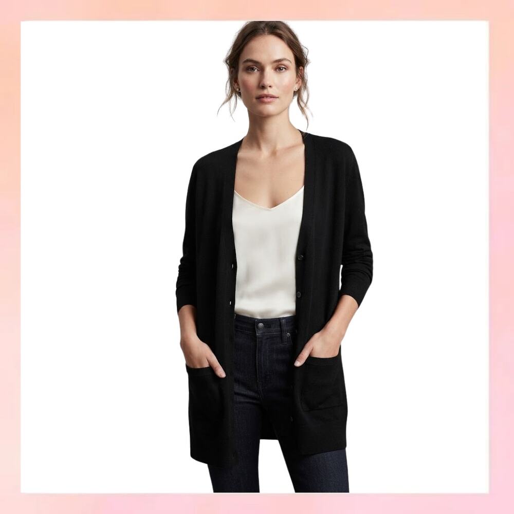 Banana Republic 100% Merino Wool Black Long Cardigan Sweater Sz L